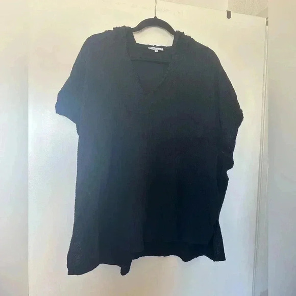 White Birch Black Short Sleeve Gauze Hooded Top - Picture 1 of 6